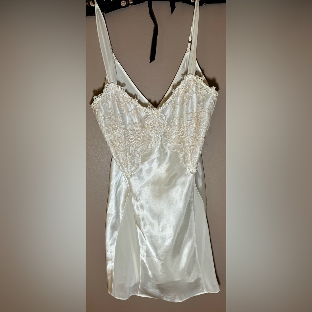Bridal Lace Satin Chemise with pearl and sheer accents